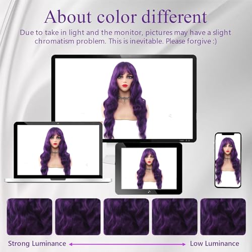 Purple 26 Inch Long Wavy Wig with Bangs - Heat Resistant Synthetic