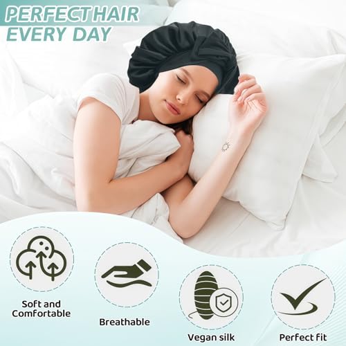 VECIIR Silk Bonnet for Sleeping Women, Ajustable Hair Bonnet for Curly Hairs Satin Bonnet Reduce Friction Prevent Frizz Black£¬Large