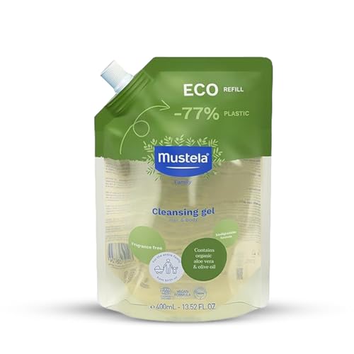 Mustela Eco-Refill Organic Cleansing Gel - Fragrance-Free Hair & Body Wash for All Ages - 13.52 fl. oz.
