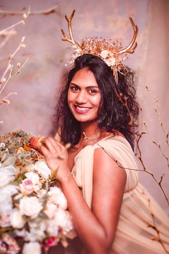 Handmade Woodland Antler Headband with Silk Flowers and Deer Horns