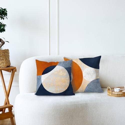 Set of 2 Navy Blue and Orange Decorative Pillow Covers - 18x18