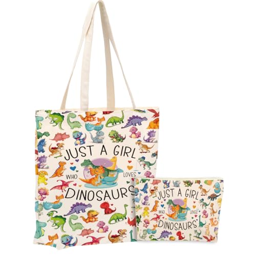 Cute Dinosaur Tote Bag Set with Makeup Bag for Women - Girl Dinosaurs 1186