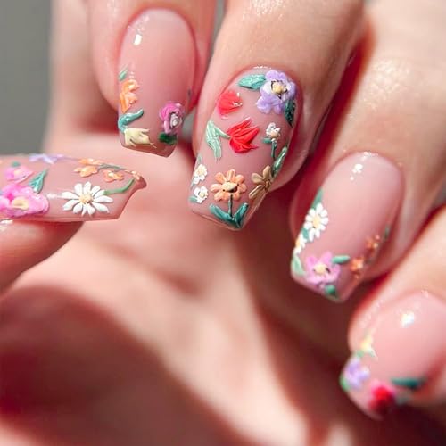 Colorful 3D Flower Press-On Nails | Square Acrylic Nails Set