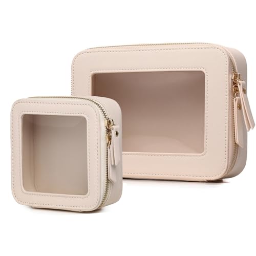 LOFOWN Clear Makeup Bag Set (Beige, M+Mini) - Travel Toiletry Pouch