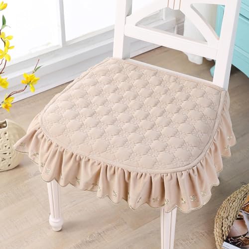 European Lace Ruffle Chair Pad Cushion - Non-Slip Flannel Beige