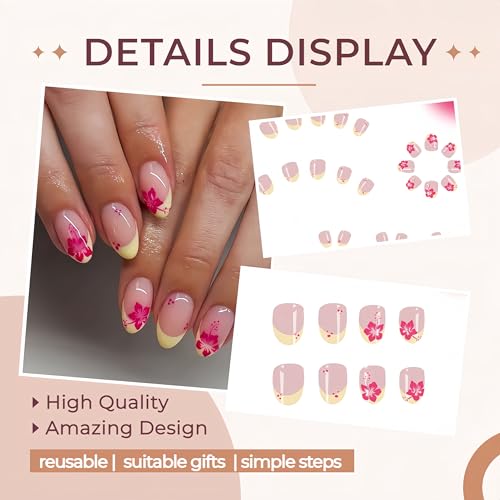 24PCS Short Almond French Tip Press On Nails - Hibiscus Flower Design