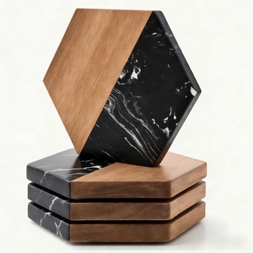 Elegant Black Marble Wood Coasters Set of 4 for Home & Office