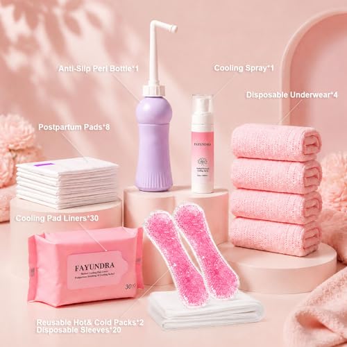 Postpartum Recovery Kit for Mom After Birth, Recovery Essentials with Peri Bottle, Cooling Spray, 4 Disposable Underwear, 30 Pad Liners & Hot Cold Packs