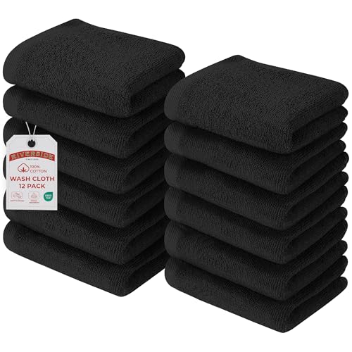 RIVERSIDE Black Washcloths Pack of 12 | 12x12 Inches | 100% Cotton Soft & Absorbent Towels