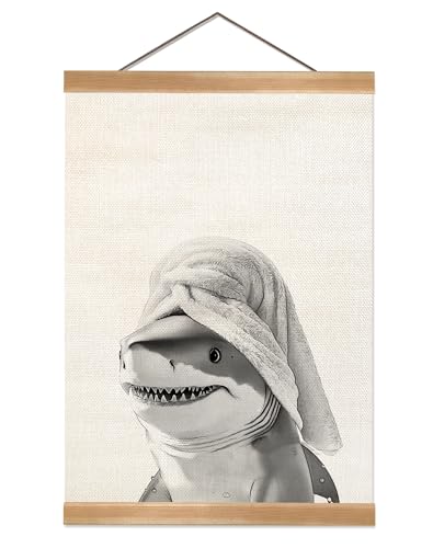 Funny Shark Bathroom Wall Art - 12x16 Inch Linen Poster