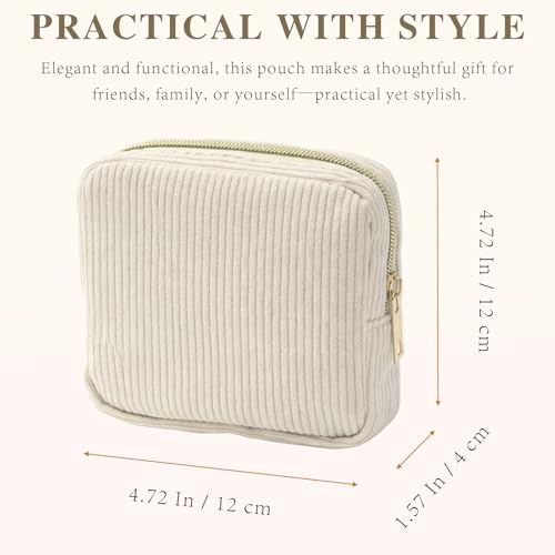 Beige Mini Corduroy Makeup Bag with Zipper and Pockets