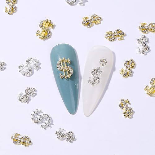 Dollar Sign Nail Charms 20pcs Silver & Gold 3D Rhinestone Nail Art Decorations