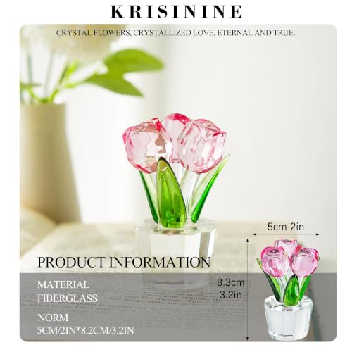 KRISININE Handcrafted Pink Rose Crystal Figurine - 3.2in