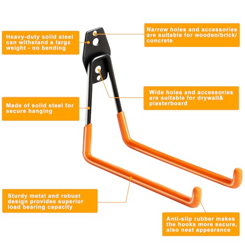 Heavy Duty Garage Hooks - 2 Pack Metal Wall Mount Storage Hooks for Tools & Ladders
