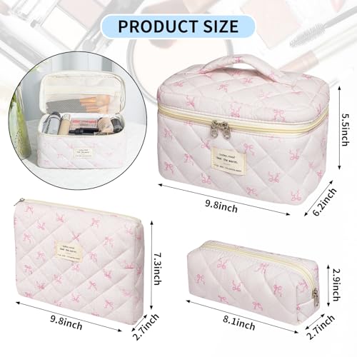 senbowe Light Pink Bow Floral Makeup Bag Set – 3 Sizes Cosmetic Organizer for Women