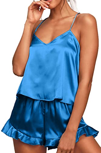 CHYRII Women's Silk Satin Ruffled Pajama Set - Cami & Shorts, Small, Teal