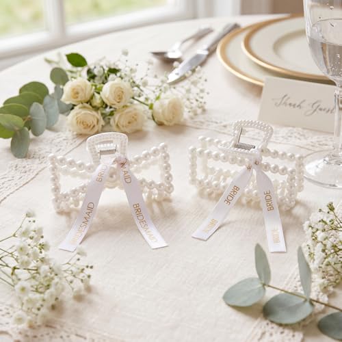 11 Pcs Bridesmaid Pearl Hair Claw Clips with Ribbon for Wedding Hairstyles