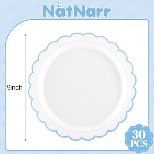 30 Pack Light Blue Scalloped Paper Plates - 9" Dessert Plates for Parties