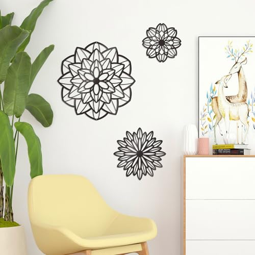 Black Metal Flower Wall Art Set - 3 Piece Decor for Home & Office