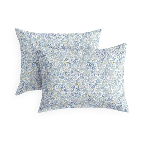 Floral Pillow Cases Set of 2 - Vintage Daisy Design, Light Blue, 20x26 Inches