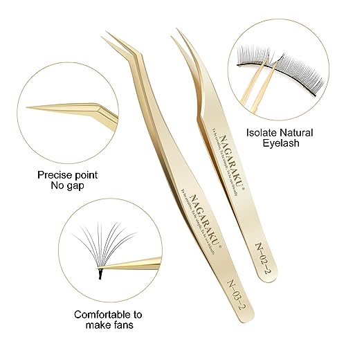NAGARAKU Gold Eyelash Extension Tweezers Precision Tip - N-02-2 & N-03-2