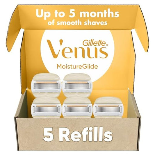 Gillette Venus Moistureglide Women's Razor Refills, 5 Refill Cartridges, Fits Venus Reusable Razor Handles, 5-Bladed Razor Blades with Built-in Shave Gel Bars, Women's Razor