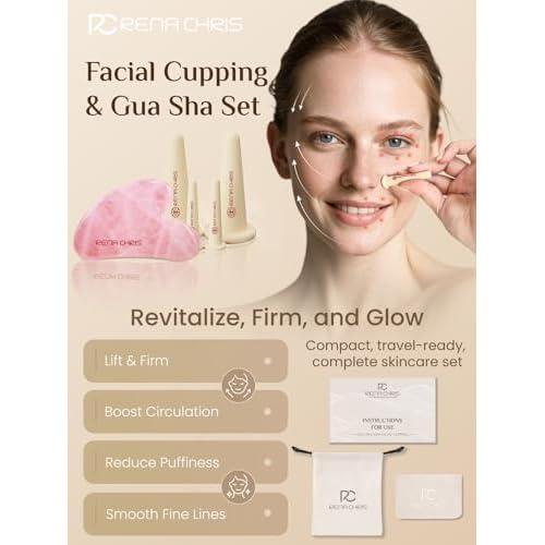 Rena Chris Facial Cupping Set & Gua Sha Facial Tool - Silicone Cupping Set & Rose Quartz Gua Sha Stone - Face Cupping Therapy Sets for Natural Skin Care, Puffiness, Lip Plumping (Pink)