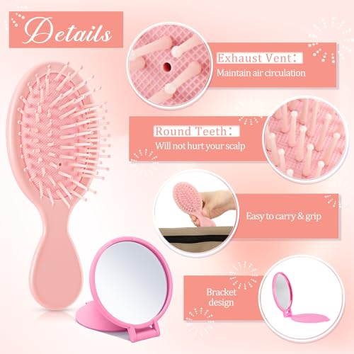 Pink 24 Pcs Mini Detangling Hair Brush & Compact Mirror Set for Spa & Travel