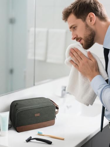 WANDF Medium Travel Toiletry Bag for Men - Green Canvas Dopp Kit with Wet Pocket