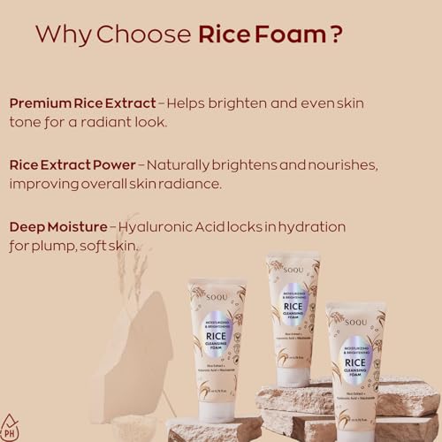 SOQU Rice Foam Cleanser with Niacinamide & Hyaluronic Acid – Hydrating Korean Face Wash 200ml