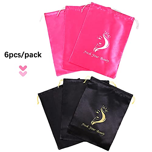 6 Pcs Satin Wig Storage Bags with Drawstring - Black & Pink Variations Included