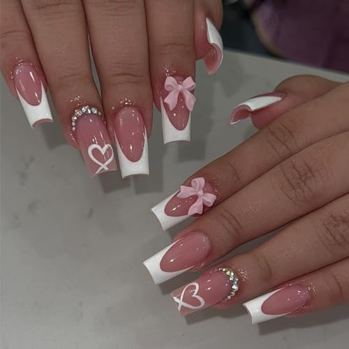 French Tip Press On Nails with Charms - Medium Acrylic Nails