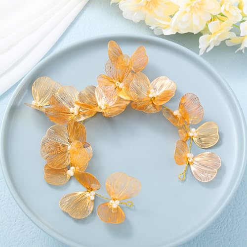 Unicra Gold Bridal Wedding Hair Vine with Pearls & Flowers - Elegant Headpiece for Brides & Women