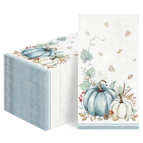 Fall Paper Guest Napkins - 100 Pack Blue Pumpkin Design for Thanksgiving