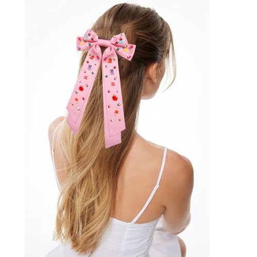 NVENF Pattern E Teacher Hair Bows for Women with Rhinestones – Pencil & Book Charms, Large 9.8-11.8in