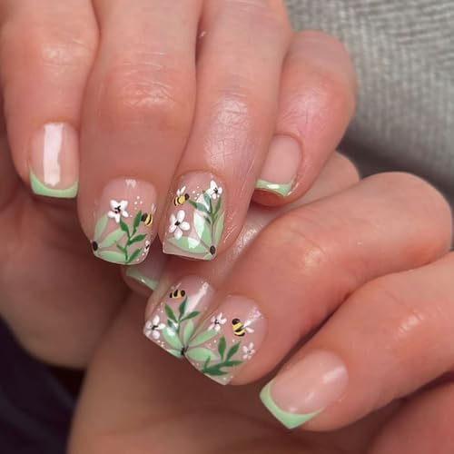 Green French Tip Press-On Nails | Floral Design, 24 Pcs