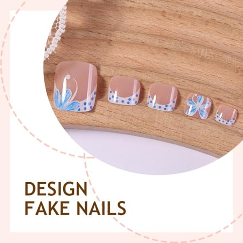 Polka Dots French Flowers 24Pcs Short Square Press-On Toenails with Glossy Finish & Glue, Reusable Fake Toe Nails for Women