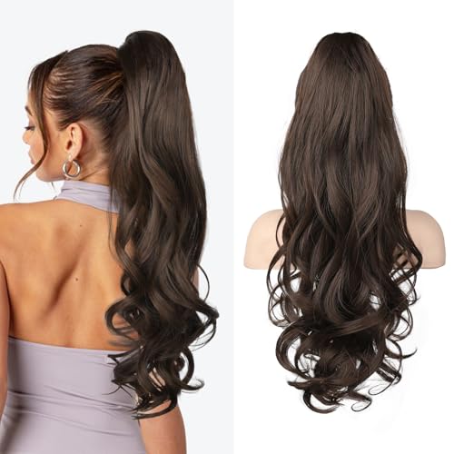 LONAI 24-Inch Curly Wavy Claw Clip Ponytail Extension - Dark Chocolate Brown