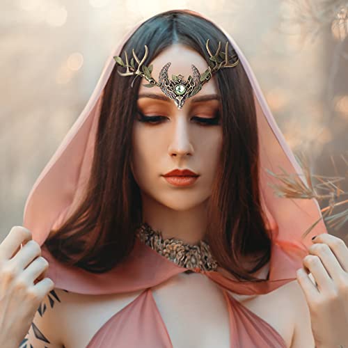 MOSTORY Green Handmade Fairy Antler Crown Elf Headpiece Woodland Leaf Tiara for Renaissance Festival Cosplay