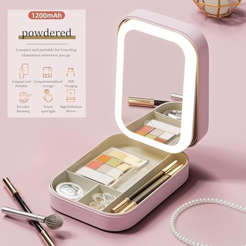 Pink Travel Makeup Case with Lighted Mirror - Waterproof Organizer