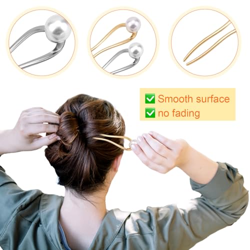 French Pearl Hair Pins 2pcs, Metal U-Shape Hair Clips for Women, Gold & Silver