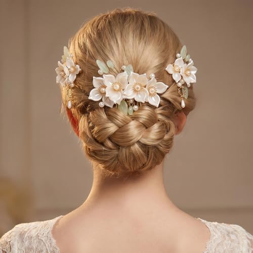 Camelia 5pcs Flower Tassel Hairpins for Women, Retro Crystal Pearl Hair Clips, Hanfu Wedding Bridal Accessories