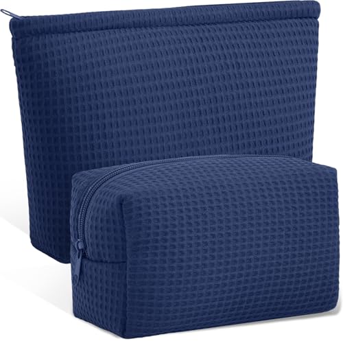 Navy Blue Waffle Makeup Bag Set - 2 Pcs Cosmetic Pouch