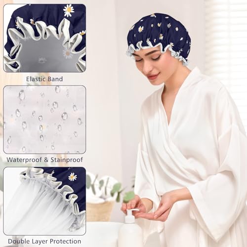 Meliya Daisy Blue Waterproof Shower Cap for Women - Dual-Layer Elastic Hair Cover