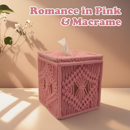 Handwoven Boho Tissue Box Cover - Decorative Pink Holder
