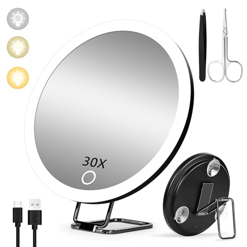 Suupvaor 30X Magnifying Lighted Travel Mirror - Black, 6-inch, Rechargeable, Dimmable, Suction & Stand