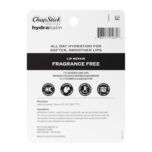 ChapStick Hydrabalm Fragrance-Free Lip Balm Tubes - 24 Hour Moisture, Pack of 4