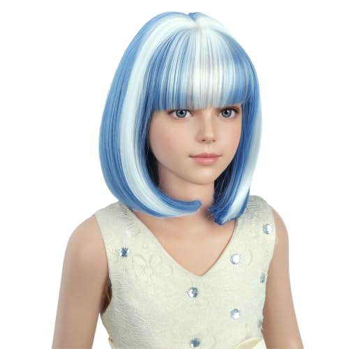 PATTNIUM Blue and White Bob Wig - Short Straight Wig with Bangs