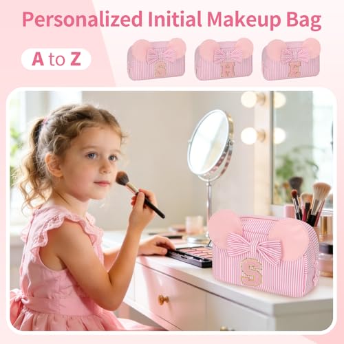 Personalized Initial Makeup Bag - Cute Travel Organizer, Stripe Pink/S