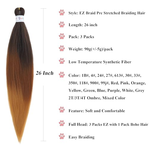 Ombre Pre-Stretched Curly Braiding Hair - 26 Inch Boho Curls (4 Packs)
